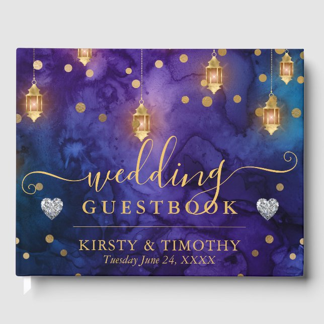 Purple & Blue Lantern Glow Wedding Guest Book (Front)
