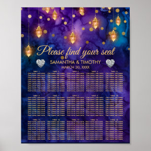 Purple Blue Lanterns & Bokeh Wedding Seating Chart