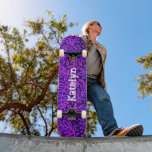 Purple blue leaf pattern foliage bold custom name skateboard<br><div class="desc">Spread some flair on your city streets with this personalised, custom name skateboard. Modern, trendy, white distressed, edgy typography overlays a purple, pink and blue ombre leaf foliage damask pattern on a rich, deep purple textured background. Makes a cool and stylish statement every time you surf the pavement. A great...</div>