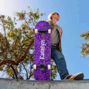 Purple blue leaf pattern foliage bold custom name skateboard