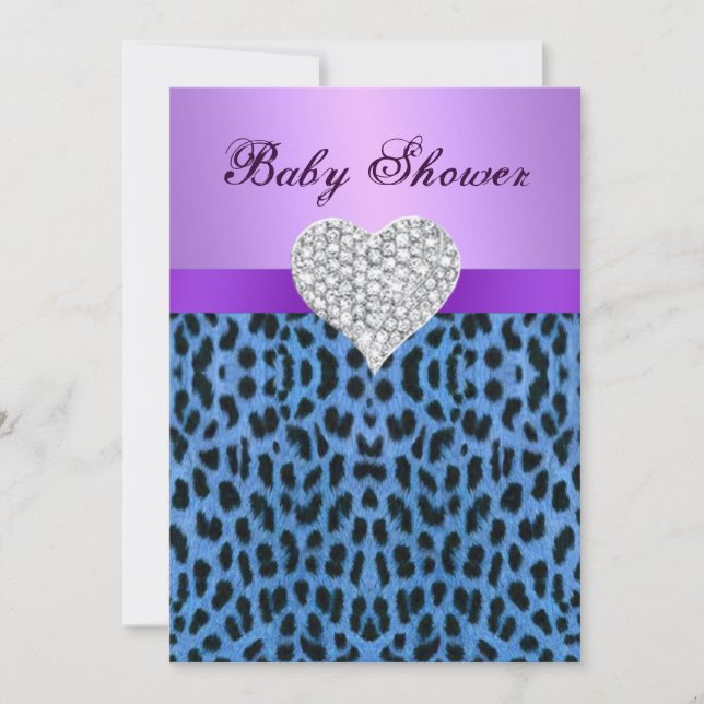 Purple Blue Leopard Print Heart Baby Shower Invite (Front)