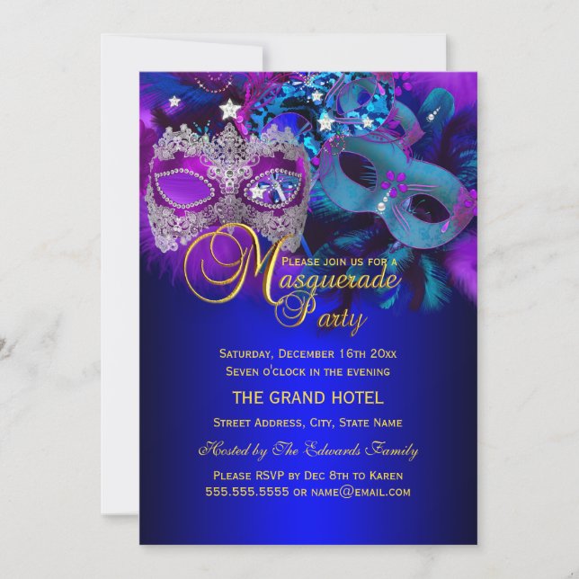 Purple & Blue Masks Masquerade Party Invite (Front)