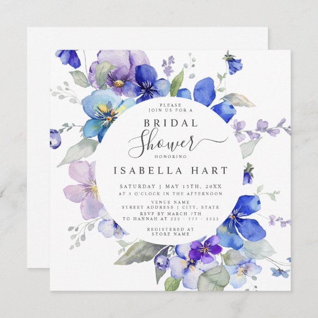 Purple Blue MauveViola Spring Floral Bridal Shower Invitation (Front/Back)