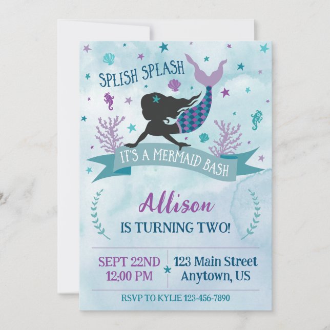 Purple & Blue Mermaid Bash Birthday Invitation (Front)