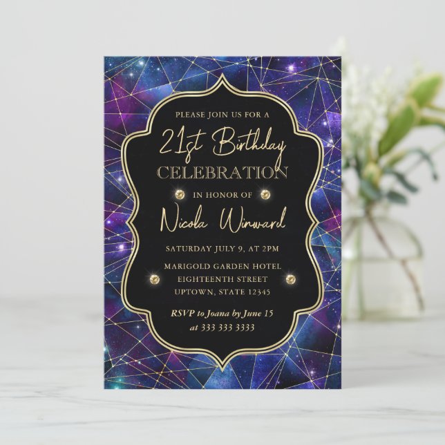 Purple Blue Midnight Crystal Galaxy 21st Birthday Invitation (Standing Front)