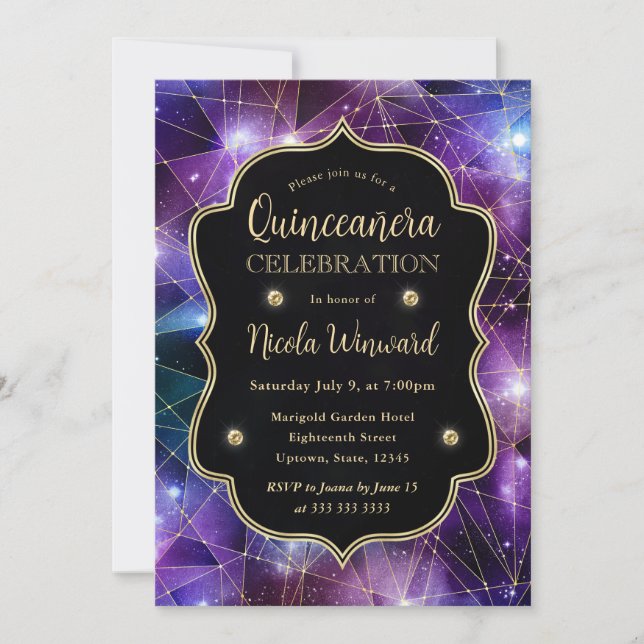 Purple & Blue Midnight Crystal Galaxy Quinceanera Invitation (Front)
