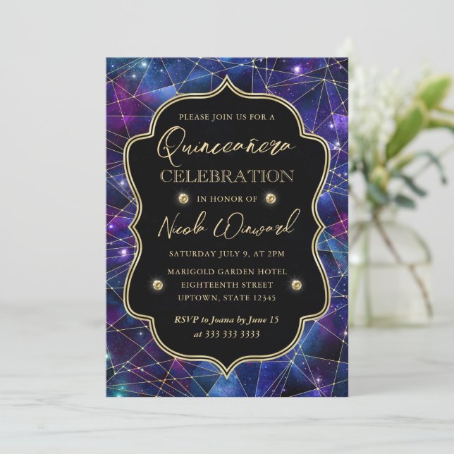 Purple & Blue Midnight Crystal Galaxy Quinceanera Invitation (Standing Front)