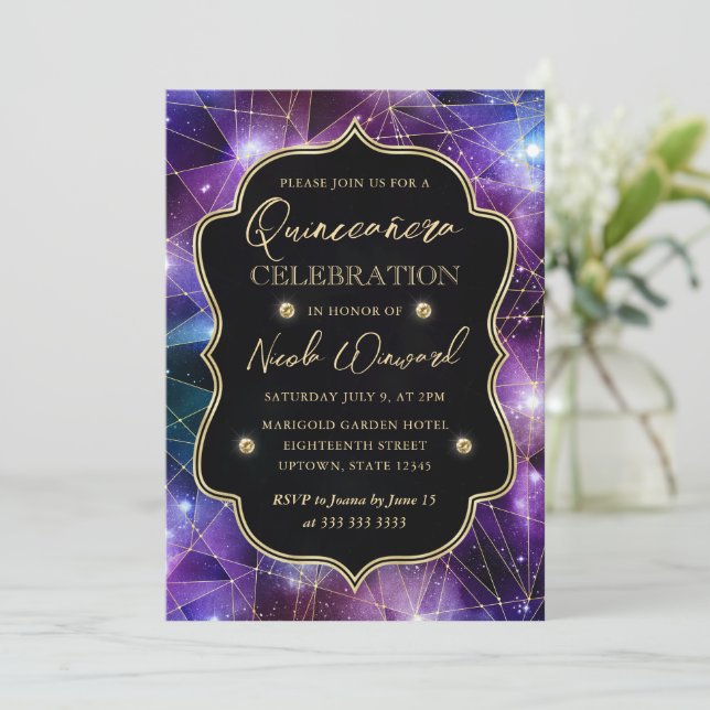 Purple & Blue Midnight Crystal Galaxy Quinceanera Invitation (Standing Front)