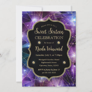 Purple & Blue Midnight Crystal Galaxy Sweet 16 Invitation