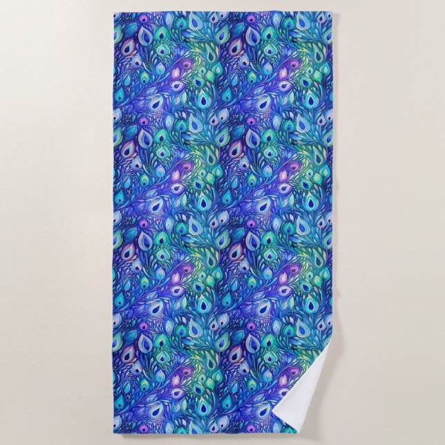Purple Blue Mint Peacock Feathers Beach Towel (Front)