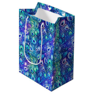 Purple Blue Mint Peacock Feathers Medium Gift Bag