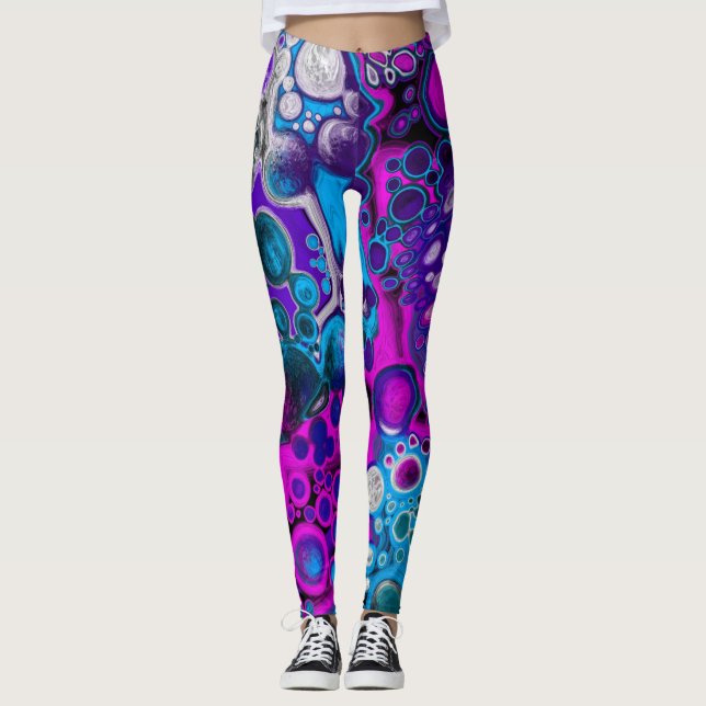 Purple, Blue Modern Abstract Fluid Art Marble Cell Leggings (Front)