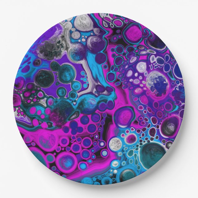Purple, Blue Modern Abstract Fluid Art Marble Cell Paper Plate (Front)