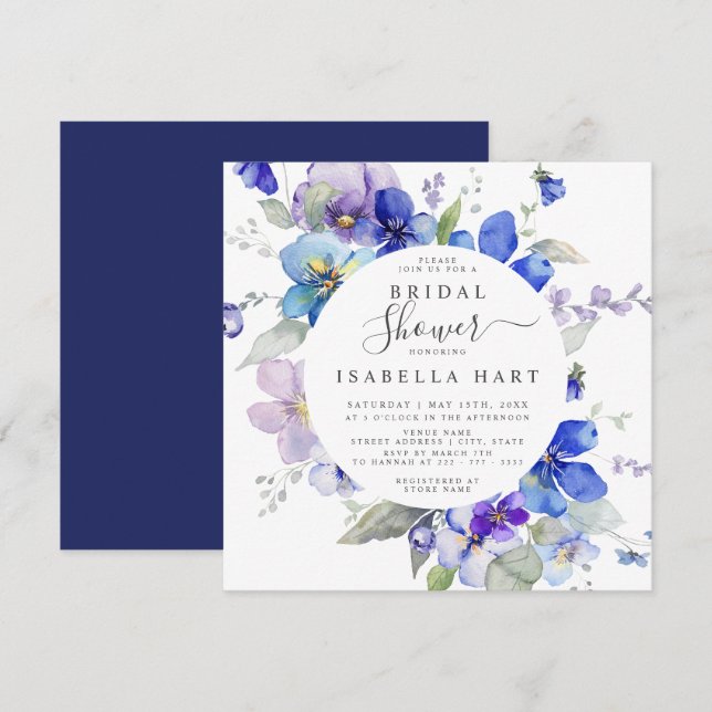 Purple Blue Navy Viola Spring Floral Bridal Shower Invitation (Front/Back)