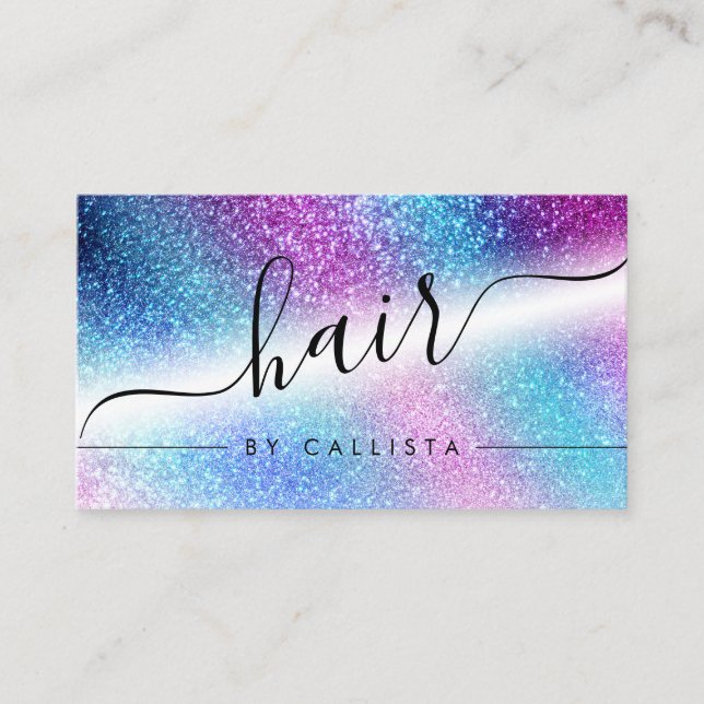 Purple Blue Nebula Galaxy Glitter Hair Business Card (Front)