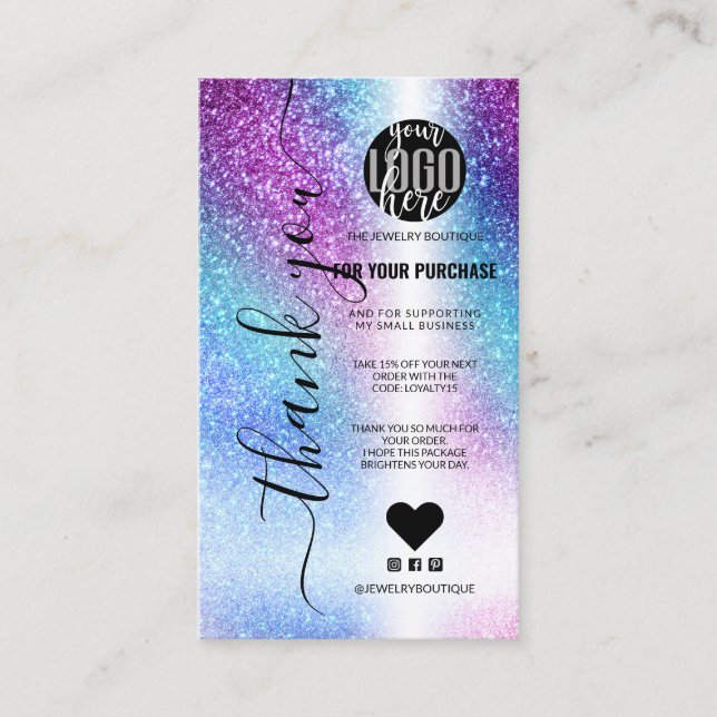 Purple Blue Nebula Galaxy Glitter Order Thank You Business Card (Front)