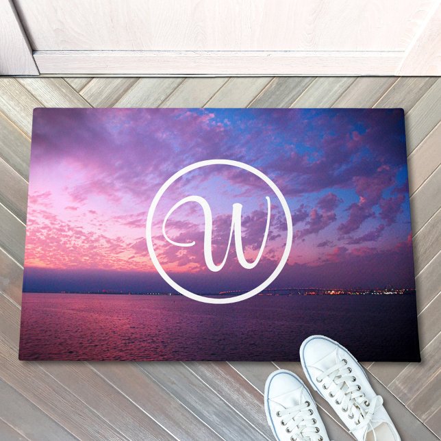 Purple blue ocean sunset photo custom monogram doormat (Creator Uploaded)