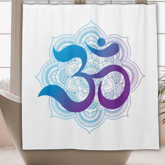 Purple & Blue Om Symbol Mandala Flower White Shower Curtain