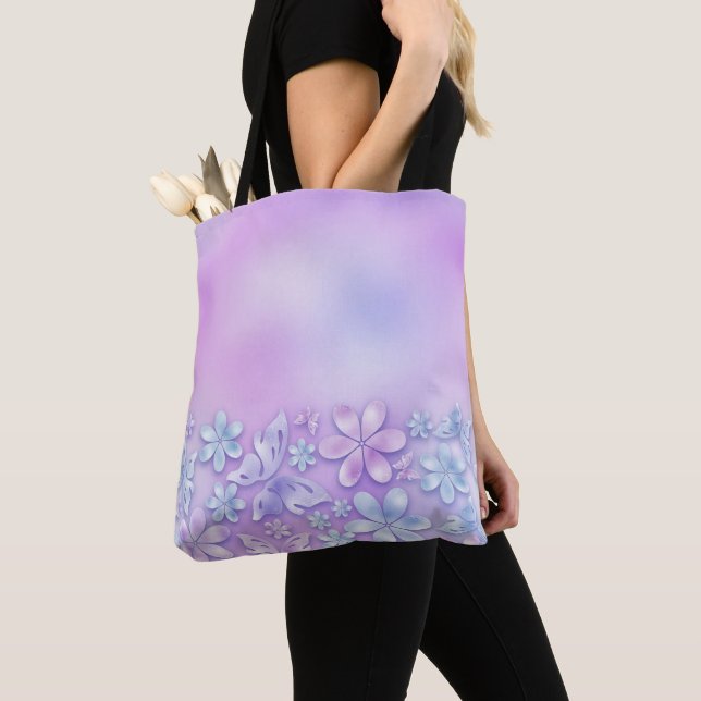 PURPLE & BLUE OMBRE FLORAL PATTERNS TOTE BAG (Close Up)