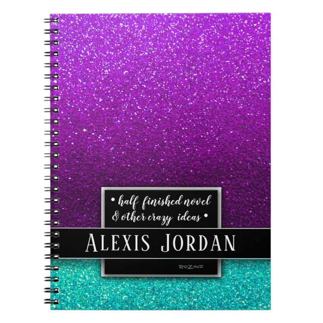 Purple Blue Ombre Glitter Black White Monogram Notebook (Front)