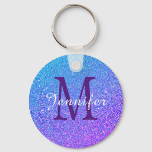 Purple Blue Ombre Glitter Sparkles Monogram Name Key Ring