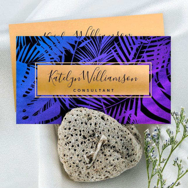 Purple blue ombre gold tropical palm chic script business card (Creator Uploaded)