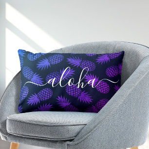Purple Blue Ombre Pineapple Pattern Aloha Script  Lumbar Cushion