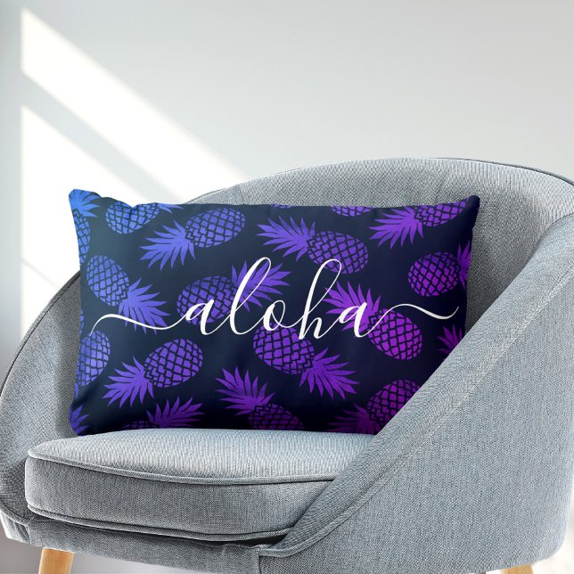Purple Blue Ombre Pineapple Pattern Aloha Script  Lumbar Cushion (Choose from 7 different colors!)