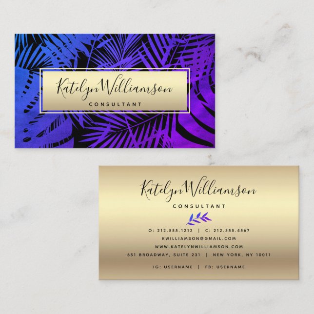 Purple blue ombre tropical palm chic gold script business card (Front/Back)