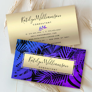 Purple blue ombre tropical palm chic gold script business card