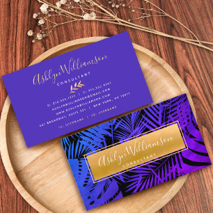 Purple blue ombre tropical palm gold chic script business card