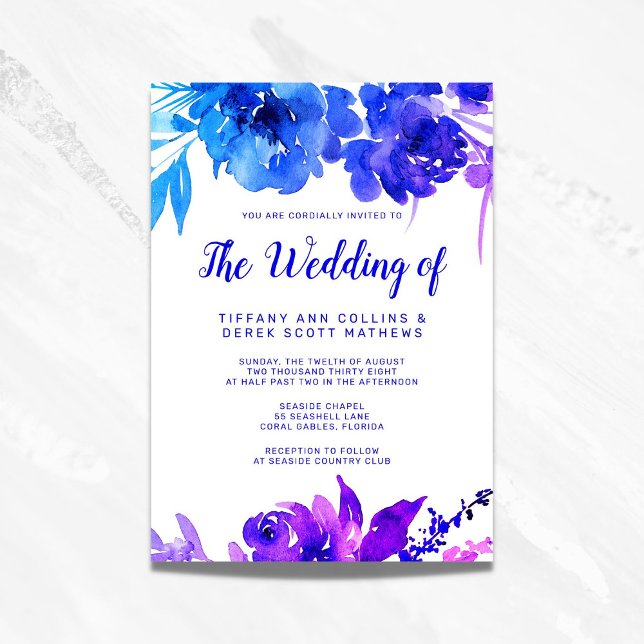 Purple Blue Ombre Watercolor Floral Wedding Invitation (Creator Uploaded)