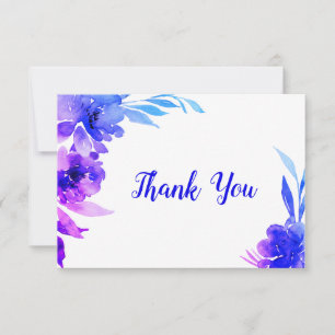 Purple Blue Ombre Watercolor Floral Wedding Thank You Card