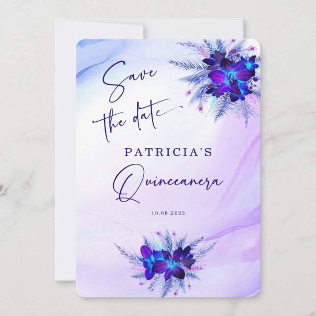 Purple Blue Orchid Quinceañera Save the Date Invitation (Front)