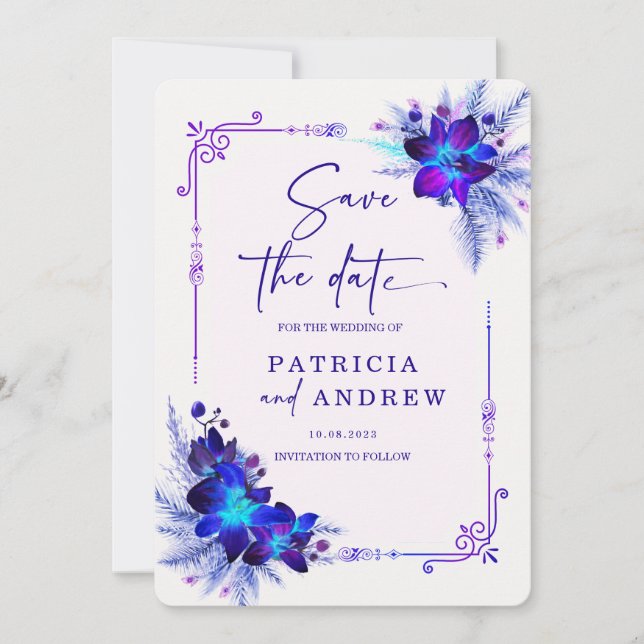Purple Blue Orchid Wedding Save the Date Invitation (Front)