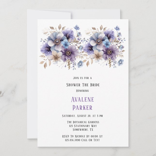 Purple Blue Painted Floral Bridal Shower Invitation (Front)