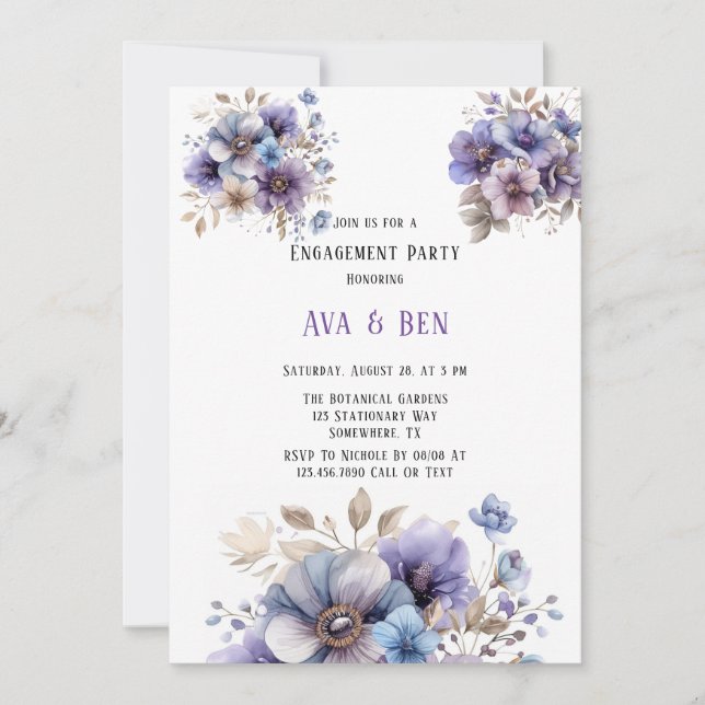 Purple Blue Painted Floral Engagement Party Invitation (Front)