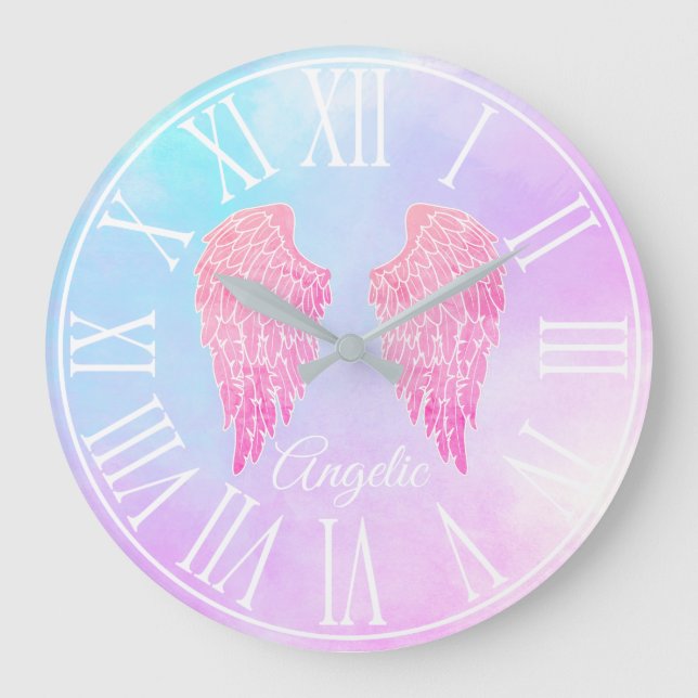 Purple & Blue Pastel Pink Angel Wings Large Clock (Front)