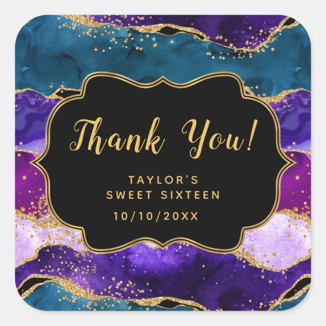 Purple Blue Peacock Agate Sweet Sixteen Thank You Square Sticker (Front)