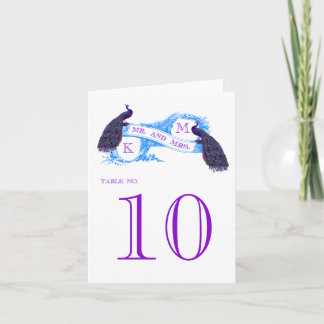 Purple, Blue Peacock Vintage Wedding Table Card