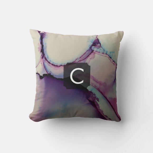 Purple, Blue & Pink Abstract Liquid Art Monogram Cushion (Front)