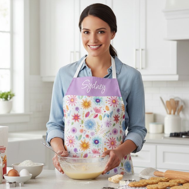 Purple Blue Pink Boho Wildflower Personalised  Apron (Creator Uploaded)