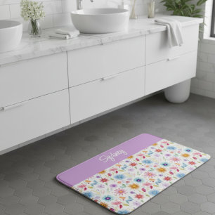 Purple Blue Pink Boho Wildflower Personalized Bath Mat
