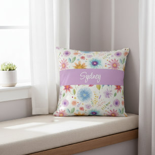 Purple Blue Pink Boho Wildflower Personalized Cushion