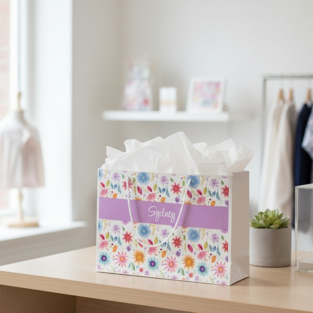 Purple Blue Pink Boho Wildflower Personalized  Large Gift Bag (Creator Uploaded)