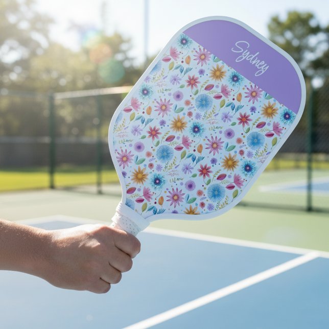 Purple Blue Pink Boho Wildflower Personalized  Pickleball Paddle (Creator Uploaded)