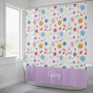 Purple Blue Pink Boho Wildflower Personalized  Shower Curtain