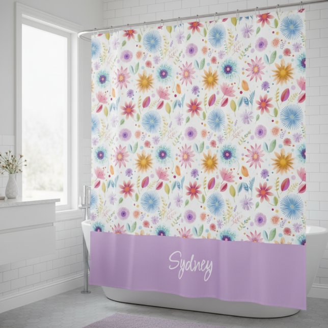 Purple Blue Pink Boho Wildflower Personalized  Shower Curtain (Creator Uploaded)