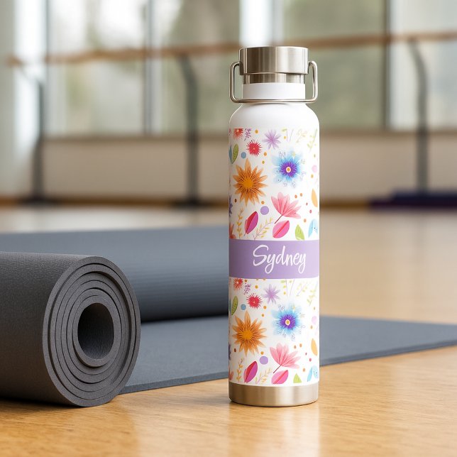 Purple Blue Pink Boho Wildflower Personalized  Water Bottle (Creator Uploaded)