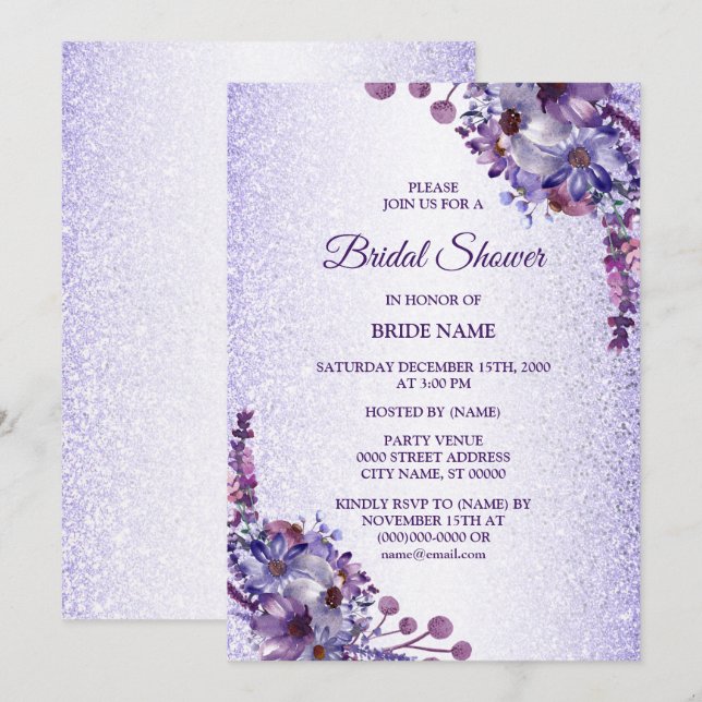 Purple Blue Pink Floral Glitter Bridal Shower Invitation (Front/Back)